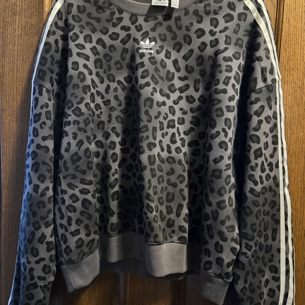 Adidas Black and Gray Leopard Print Women's Crewneck Sweater